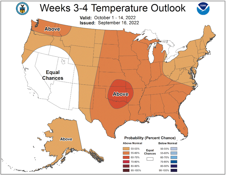 From October 1–14, 2022, odds favor above-normal temperatures for the entire Northeast.