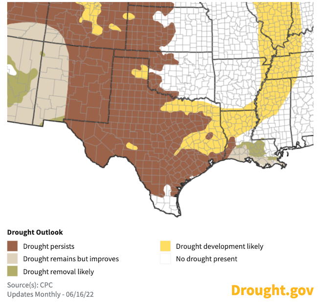 Climate Prediction Center's seasonal drought outlook, predicting where drought is likely to worsen, improve, or remain the same from June 16 to September 30, 2022. Drought is expected to develop in eastern Texas.
