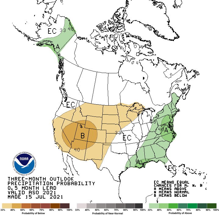 Map howing the probability of exceeding the median precipitation for the months of August, September, October 2021. Odds favor below normal precipitation for the western US.