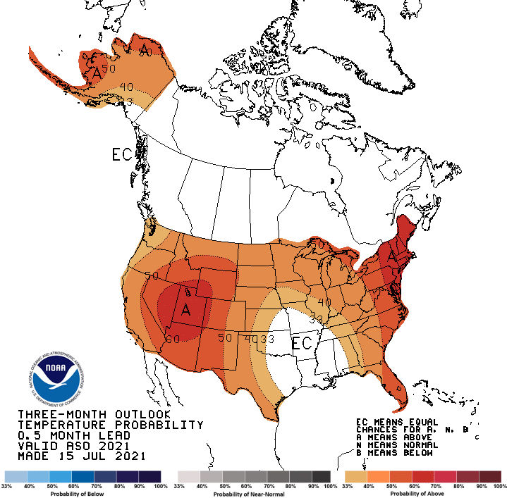 Map showing the probability of exceeding the median temperature for the months of August, September, October 2021. Odds favor above normal temperatures for all of the Intermountain West Region.