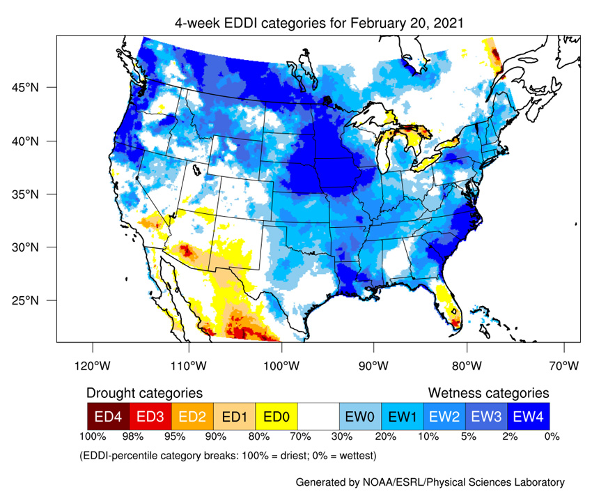 4-week averaged Evaporative Demand Drought Index (EDDI) as of 20 February 2021. Areas of average to low EDDI are shown in white and blue and cover most the northern states and the central plains. Areas of high EDDI are shown in yellow and red and cover southern California, Arizona and New Mexico.