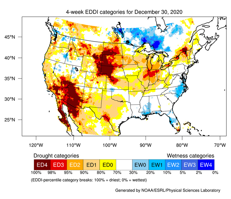 4-Week EDDI for December 30, 2020, showing increased atmospheric demand over western Arizona.
