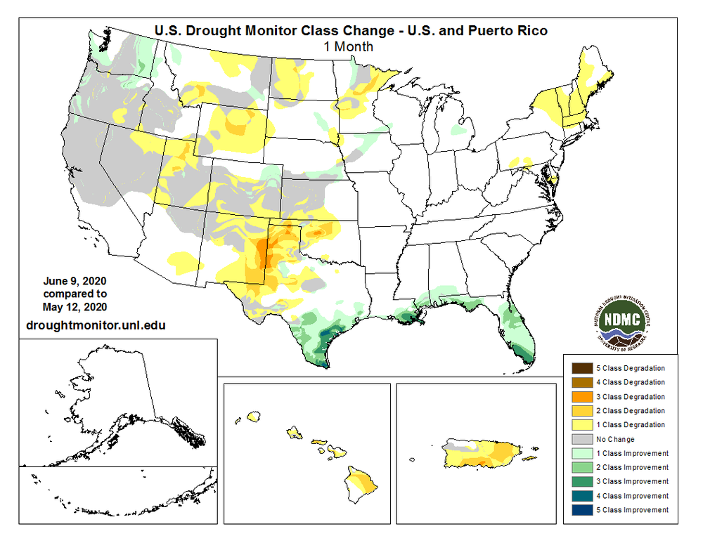 U.S. Drought Monitor 1 month change map from June 9, 2020 compared to May 12, 2020, National Drought Mitigation Center