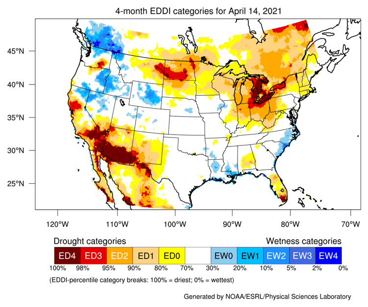 The 4-week averaged Evaporative Demand Drought Index (EDDI) as of April 14, 2021, showing atmospheric evaporative demand for the contiguous U.S. Areas of average to low EDDI cover most the Northwest, including northern California. This area extends to northern Nevada, northern Utah, Wyoming, and northern Colorado. Areas of high EDDI cover southern California, Arizona, and New Mexico and also the Great Lakes region.