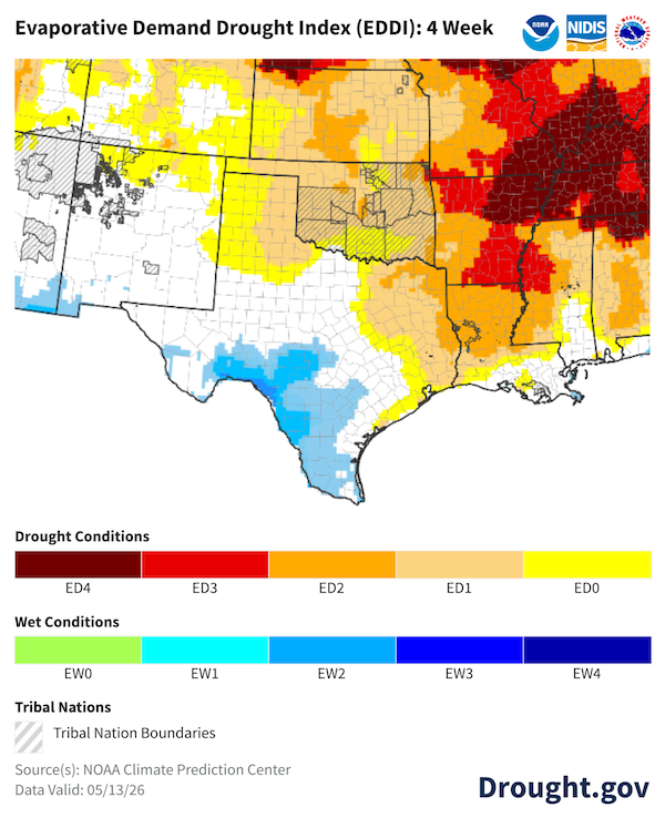 . High to extreme evaporative demand (ED2–ED4) intensely blankets much of Kansas and Oklahoma and the eastern parts of Texas. Conversely, light blue shades indicating moderately wet conditions are concentrated across southern and coastal Texas, while western Texas and New Mexico show normal to slightly dry conditions.