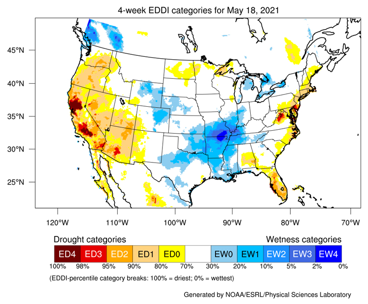  4-week averaged Evaporative Demand Drought Index (EDDI) as of May 18, 2021. Areas of average to low EDDI are shown in white and blue and cover most the northwest, including northern California. This area extends to northern Nevada, northern Utah, Wyoming, and northern Colorado. Areas of high EDDI are shown in yellow and red and cover southern California, Arizona and New Mexico and also the Great Lakes region. 