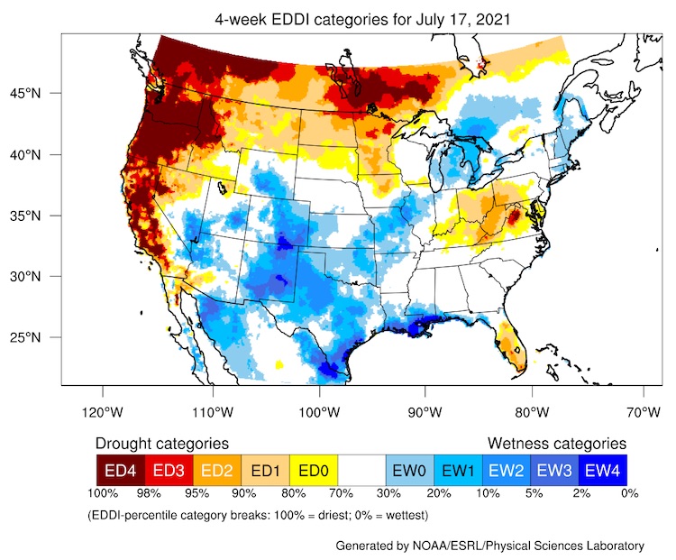 Map of the continental US showing the 4-week averaged Evaporative Demand Drought Index (EDDI) as of July 17, 2021.  Areas of average to low EDDI are shown in white and blue and cover most the central Great Plains. Areas of high EDDI are shown in yellow and red and cover southern California, northern Utah, and the northern United States from Montana and Wyoming to Maine.