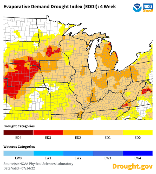 The 4-week average Evaporative Demand Drought Index (as of July 14) shows areas of high evaporative demand across all Midwest states.