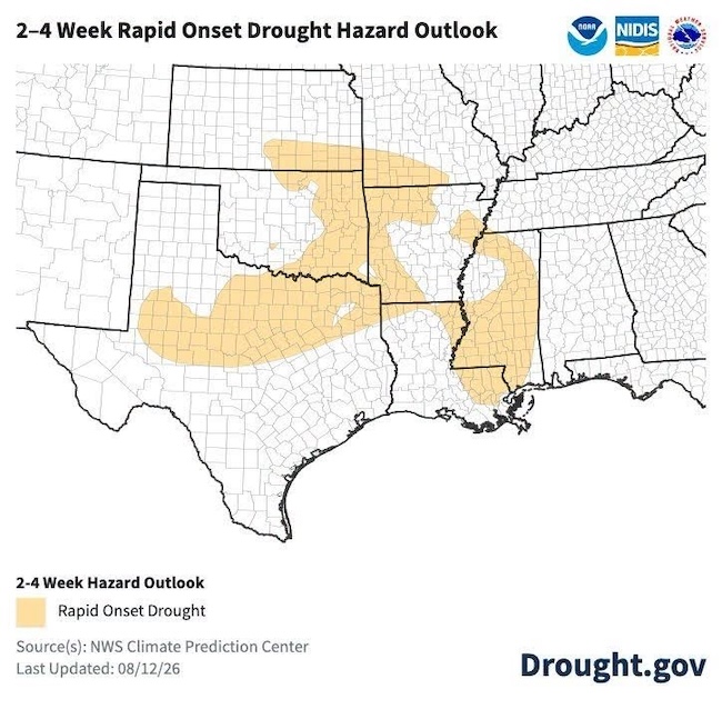 On August 12, the National Weather Service issued a hazard outlook for rapid onset drought across  parts of Kansas, Oklahoma, Texas, Missouri, Arkansas, Louisiana, Mississippi, and a bit of Tennessee. 