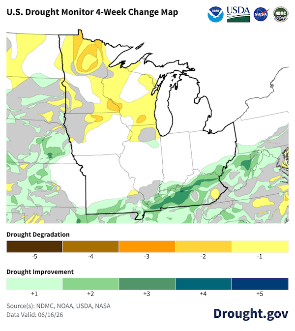  U.S. Drought Monitor 4-week change map for the Midwest United States, valid June 16, 2026. The map shows widespread drought improvement of 1 to 3 classes across much of Kentucky, Missouri, southern Illinois, and southern Ohio represented by light and medium green shading. Conversely, areas of drought degradation of 1 to 2 classes are visible across parts of Minnesota, Wisconsin, northern Illinois, and northern Iowa indicated by yellow and light orange. 