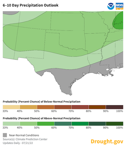 Odds favor normal to below-normal precipitation for the Southern Plains from July 27-31, 2022.