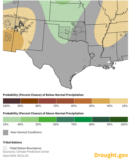For September 27–October 1, odds slightly favor above-normal precipitation across Kansas and western and central Oklahoma, with near-normal precipitation elsewhere.