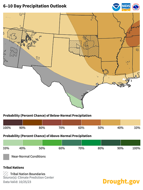 For October 31 to November 4, odds favor below-normal precipitation across most of the Southern Plains, except for southern Texas, where near- to above-normal precipitation is favored.