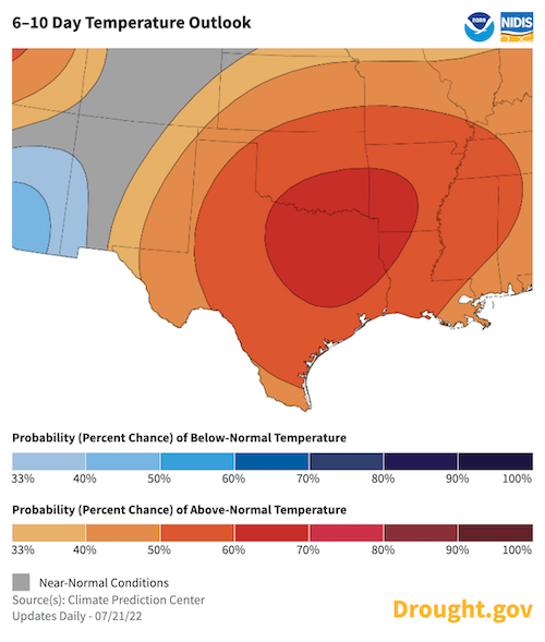 Odds favor above-normal temperatures for the Southern Plains from July 27-31.