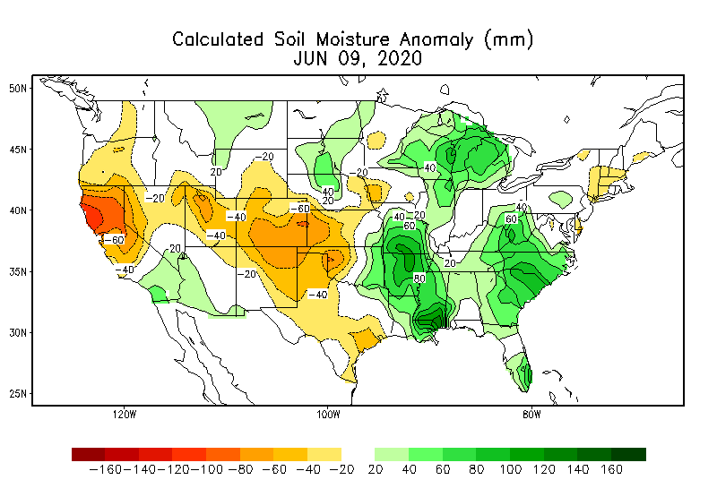 Calculated Soil Moisture Anomaly, June 9, 2020