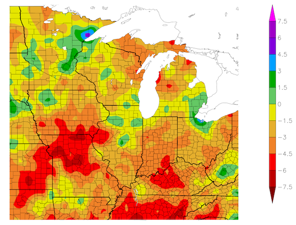 From August 20 to October 18, conditions have been dry across much of the Midwest, with some pockets of above-normal precipitation in the upper Midwest.