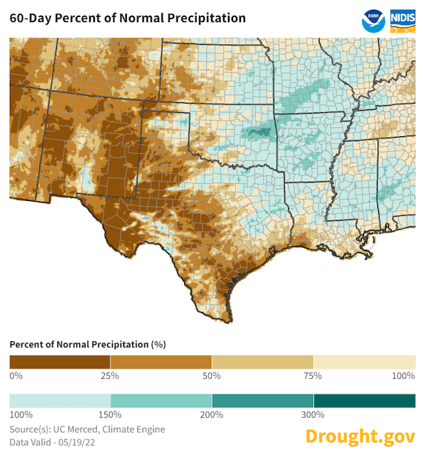 Map of the Southern Plains showing 60-day percent of normal precipitation. Much of the region, including western Texas, western Oklahoma, eastern New Mexico, and southwestern Kansas, has received less than 50% of normal precipitation over the last 60 days. 