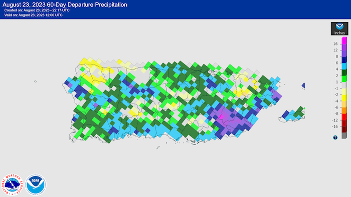 The southern coast of Puerto Rico has seen heavy rainfall over the past 60 days, but deficits remain in the northwest coast.