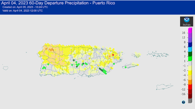 The 60-day rainfall deficits are now ranging between 2 and 4 inches across most of Puerto Rico with locally higher amounts of 4 to 8 inches over the northwest quadrant of the island. 