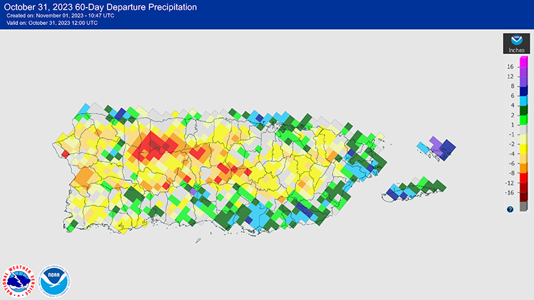 60-day rainfall deficits are between 8 and 12 inches in the vicinity of Lares, Arecibo, and Utuado, with deficits of 1 to 4 inches across much of the rest of Puerto Rico. Parts of the southern and eastern coasts saw above-normal precipitation.