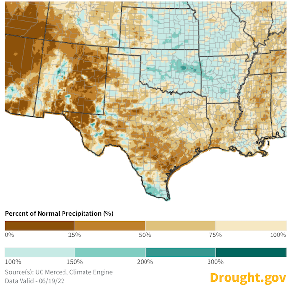 Much of the region, including western Texas, western Oklahoma, eastern New Mexico and southwestern Kansas, has received less than 50% of normal precipitation over the last 60 days. 