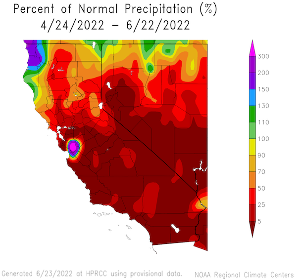 Northern coastal California and Northern Nevada have all received above 100% precipitation in the last 60 days (April 24-June 22, 2022).