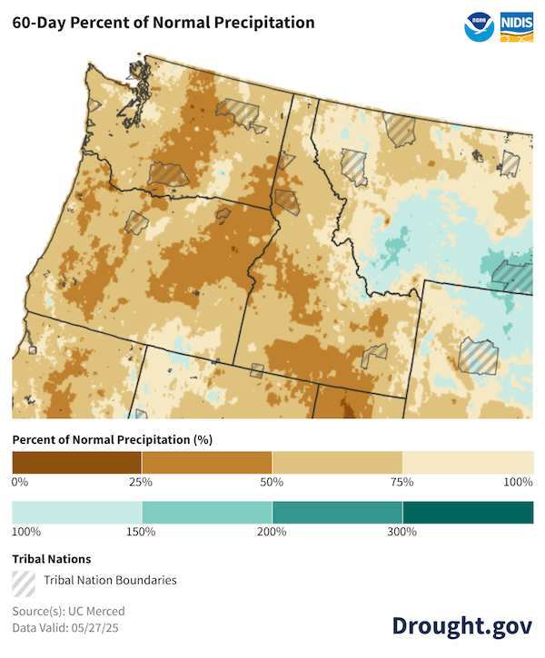 Precipitation was below normal during the past 60 days across most tribal lands in the Pacific Northwest, with the exception of the northeastern portion of the Flathead Reservation in northwestern Montana, where precipitation was slightly above normal.