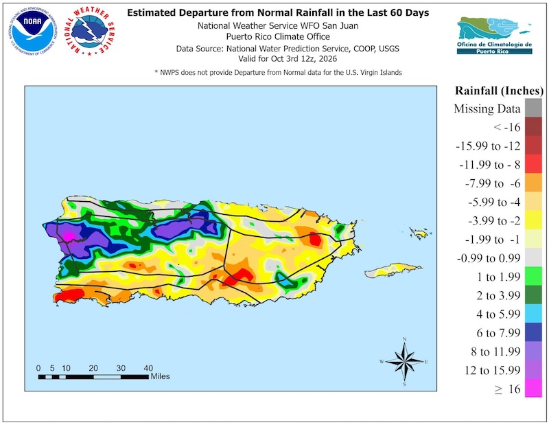 This map shows rainfall was well below normal along most of eastern and southern Puerto Rico. Rainfall was above normal along the north-central and northwest.