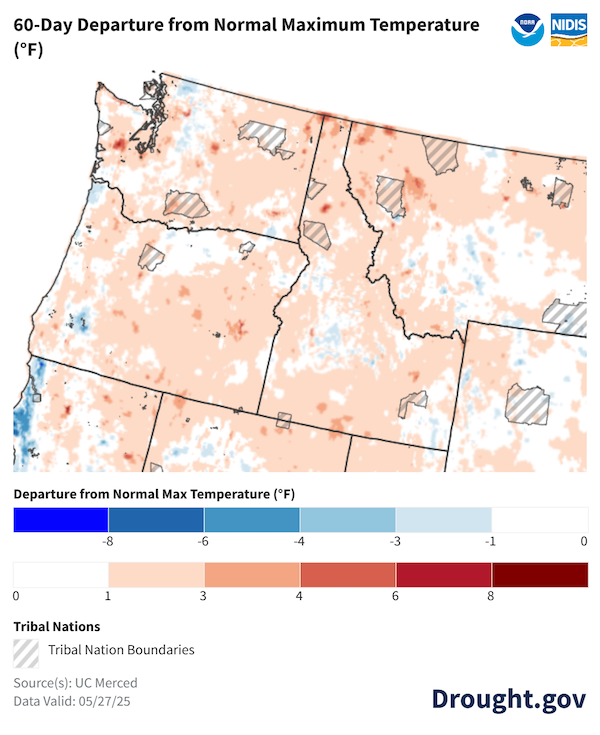 Maximum temperatures were mostly above normal during the past 60 days across tribal lands in the Pacific Northwest.