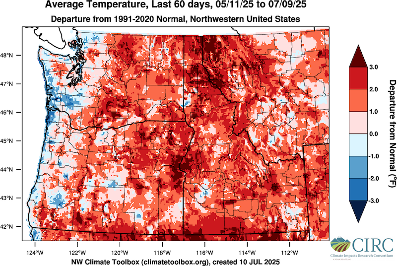 Average temperature departures from normal across Washington, Oregon, Idaho, and Montana west of the Rocky Mountains from May 11 through July 9, 2025, compared to 1979-2015. Temperatures across nearly all of the region were significantly higher than normal, with some places recording temperatures 5.0 °F above normal. Temperatures across nearly the whole region have been greater than 2.0 °F above normal.
