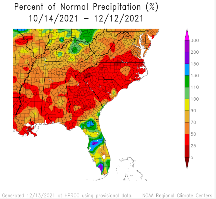 Percent of normal precipitation across the Southeast from October 14–December 12, 2021. Other than parts of Florida, most of the Southeast saw below- to much-below-normal precipitation.