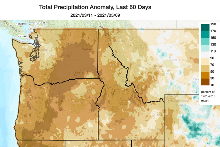 Total precipitation anomaly for the Pacific Northwest over the last 60 days (covering March 11 through May 9, 2021). Anomalies are based on the period from 1981-2010. The entire region is showing below normal total precipitation with a diagonal swath of 10-30% below normal from southwest OR up through northeast WA with areas 30-50% and 50-70% normal radiating from that. Most of central ID and the ID panhandle are also in the 30-50% of normal range. 