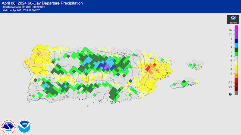 The north-central portion received 2 to 6 inches above normal, In contrast, the northwest coast and parts of the eastern one-fourth of the island observed deficits of 2 to 4 inches.