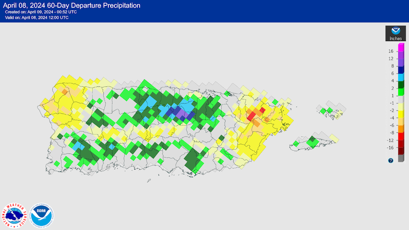 The north-central portion received  2 to 6 inches above normal,  In contrast, the northwest coast and parts of the eastern one-fourth of the island observed deficits of 2 to 4 inches. 