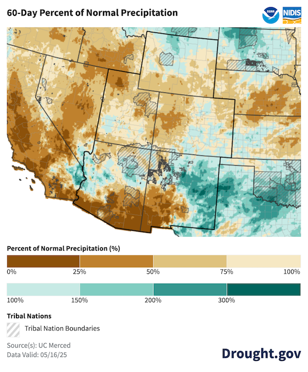 Precipitation was below normal for much of the Intermountain west over the last two months, though northern Wyoming, eastern New Mexico, and north central Arizona were wetter than normal. 