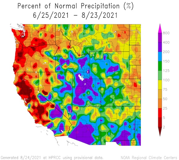 60-day percent of normal precipitation from June 25 to August 23, 2021. Parts of New Mexico, Arizona, and Utah have received over double their normal precipitation for this time of year. 