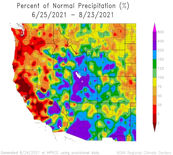 60-day percent of normal precipitation from June 25 to August 23, 2021. Parts of New Mexico, Arizona, and Utah have received over double their normal precipitation for this time of year.