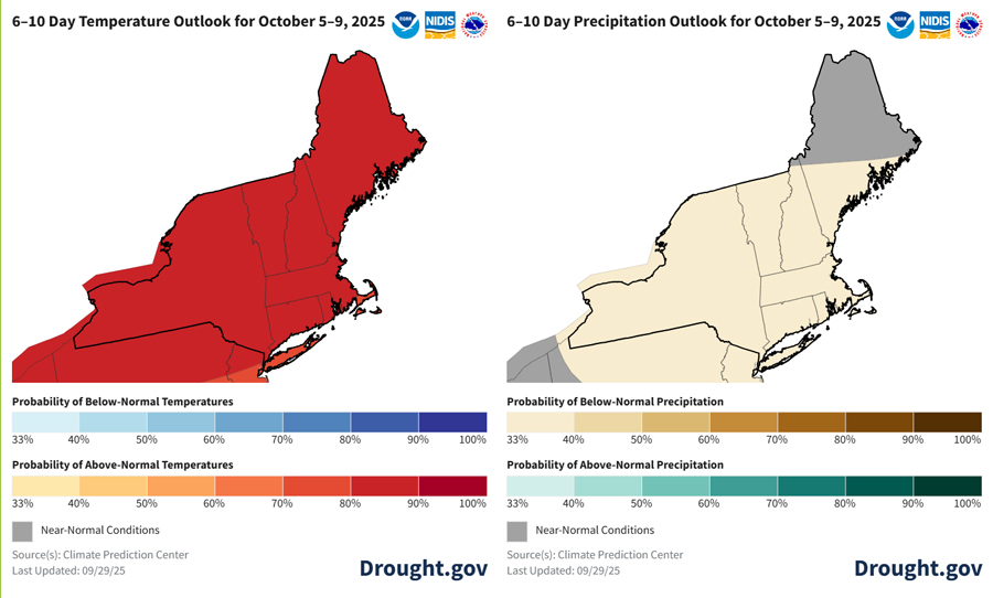 There is a 70%-90% chance of above-normal temperatures for the Northeast. There is a 33%-40% chance of below-normal precipitation for the region except for northern and central Maine, where near-normal precipitation is favored.
