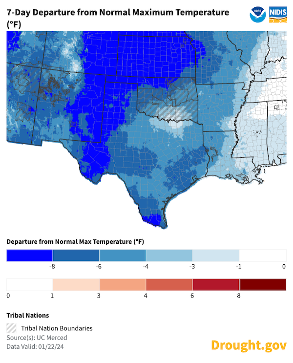 Mean temperature anomalies for the first 20 days of January ranged from 3 ºF below normal along the gulf coast to 12 ºF below normal across parts of Kansas.