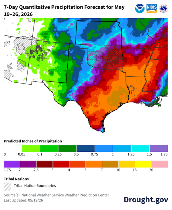 Heavy, widespread precipitation is forecasted for the eastern half of the region, with a massive core of 3 to 5 inches of rainfall (red and orange shades) centered over eastern Texas, Louisiana, Arkansas, Mississippi, and eastern Oklahoma. 7 to 10 inches are forecast for an area of eastern Texas. Conversely, western Texas and New Mexico are expected to receive very little to no rainfall, remaining mostly under 0.25 inches (green and white areas).Western parts of Kansas and Oklahoma can expect 0.25 to 1.5 inches.
