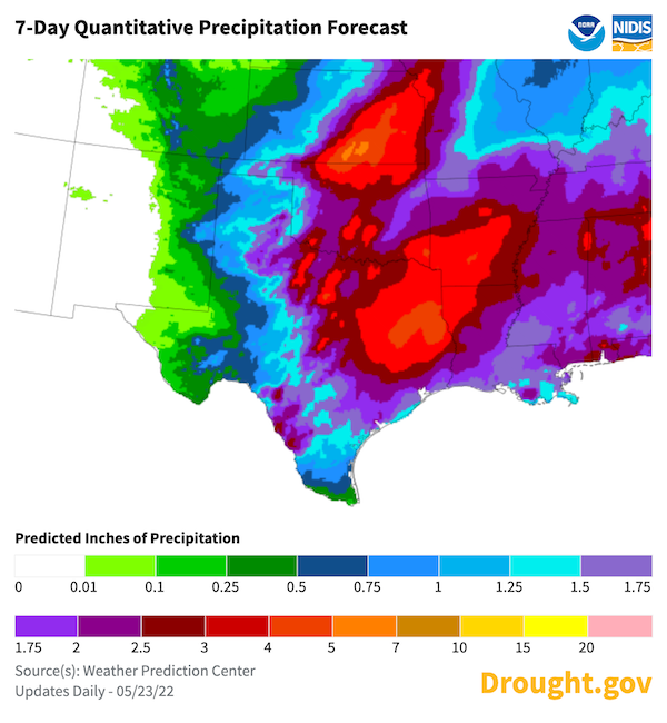 From May 23-30, Central Texas through eastern Oklahoma are forecast to receive up to 1.5 inches while Drought-affected regions of Kansas, Oklahoma, and Texas are forecast to receive closer to half an inch of precipitation. Eastern New Mexico will likely miss out on this storm. 