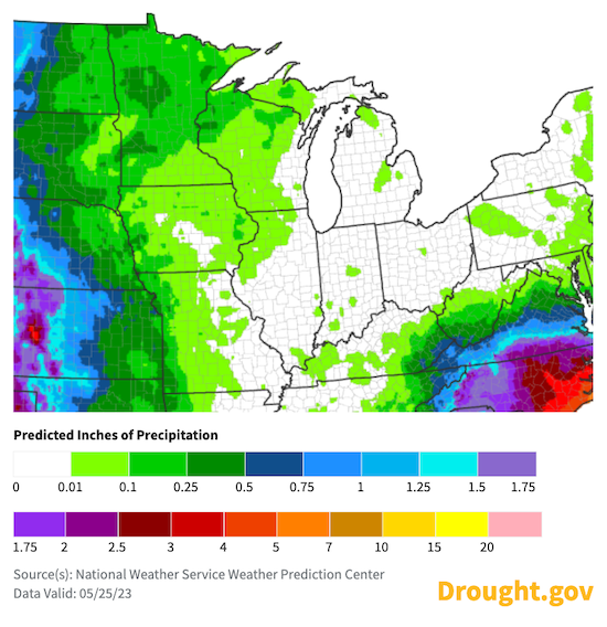 From May 24th to June 1, the National Weather Service predicts less than 1 inch of rain across the Midwest, with many areas receiving no precipitation.