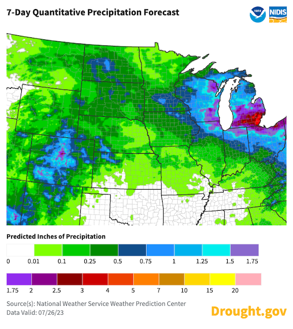 Portions of the Upper Midwest (Wisconsin, Michigan) could receive decent rainfall between July 26–August 2. However, Missouri, Kansas, Iowa, Illinois, and eastern Nebraska are forecast to receive less than 0.25 inches of rainfall.