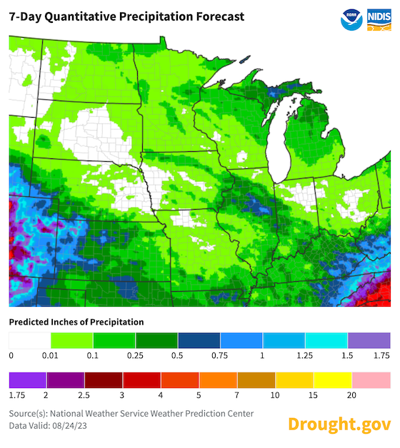 The 7-day quantitative precipitation forecast calls for some rainfall over the Midwest, but widespread significant rainfall is limited, and many areas will receive less than 0.5 inch (or none at all).