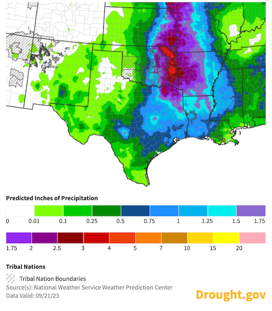 Over the next 7 days, 1.5 to 4 inches of rain is expected over eastern Oklahoma, with 0.5 to 2 inches expected over northeastern and central Texas within the forecast period.