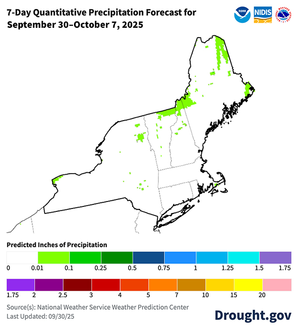 Approximately 0.01-0.1 inches of liquid precipitation is expected to fall over small pockets of northern Maine, New Hampshire, Vermont, and New York during the next 7 days. Elsewhere, no precipitation is expected in the Northeast.