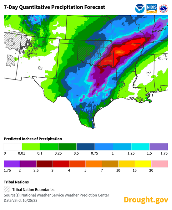 From October 25-31,  1.5 to 4 inches of rain is expected over eastern Oklahoma with 1 to 2 inches expected over northern and central Texas.