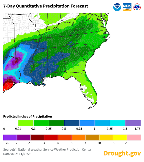 The western portion of the Southeast is expected to see up to an inch of precipitation in the next week. The eastern portion of the region, except for Florida and southeast Georgia, are expected to see up to 0.25 inches over the next week.