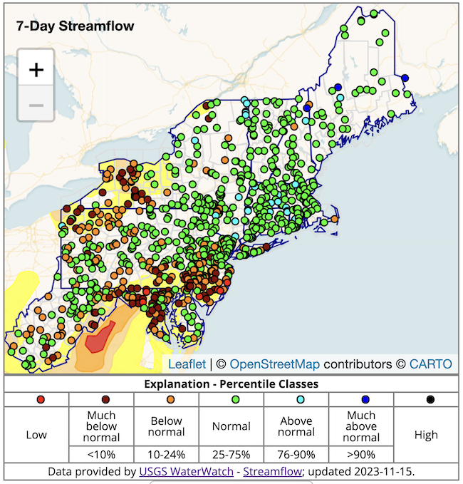 7-day average streamflows are below normal across western New York and parts of Massachusetts, near Cape Cod.