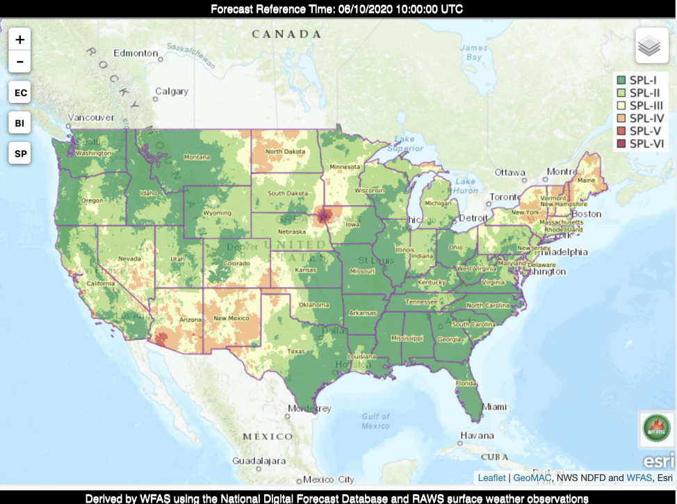 Severe Fire Danger Mapping System, Spacial Preparedness Level based on daily forecasts of Energy Release Component, USFS Wildland Fire Assessment System